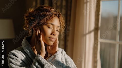 Woman in Robe Enjoying a Gentle Facial Massage in a Cozy Room with Natural Light