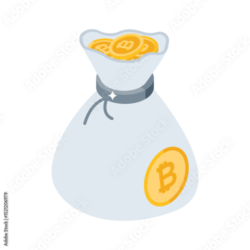 A futuristic isometric style icon of bitcoin sack
