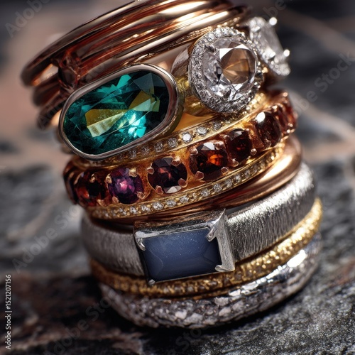 Stack of high-end rings featuring various gemstones and fine metal textures captured in elegant close-up jewelry photography, showcasing luxury craftsmanship for fashion markets.