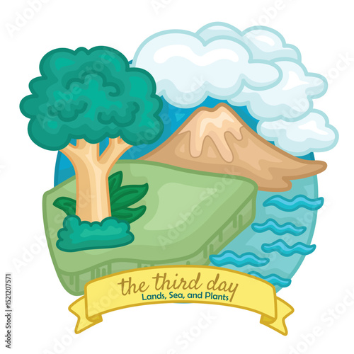 The Third Day of 6 Creation Days of God Bible Story Cartoon Illustration Vector Clipart Sticker Decoration Background