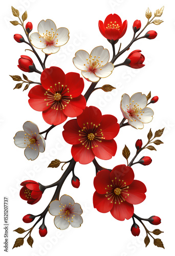 Red Cherry Blossoms with Transparent Background, Elegant Design Element