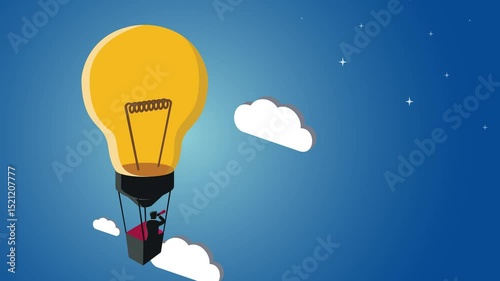 Motion Graphic video of Businessman on searching opportunities with flying lightbulb air balloon, creative vision, idea and target video
