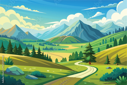 scenic mountain landscape illustration with lush greenery

