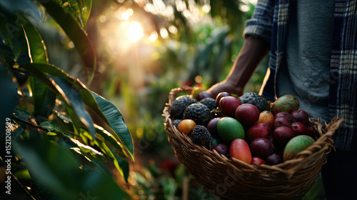 Young Woman Holding a Basket Filled with Assorted Tropical Fruits in a Lush Outdoor Setting at Sunset
