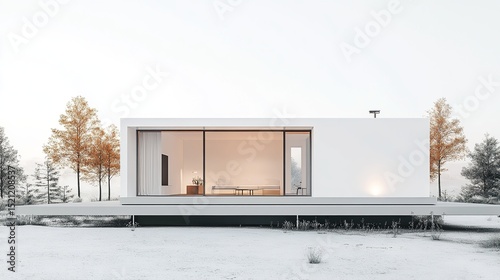 Minimalist white house with expansive glass windows showcasing a dimly lit interior, situated on a snow-covered flat landscape, flanked by slender, autumnal trees under a pale sky