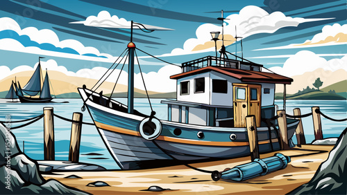 Hand drawn black and white illustration of a fishing boat docked at the shore with ropes tied to it Very beautiful