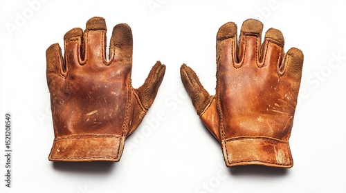 A pair of well-worn, tan leather work gloves, showing significant use and discoloration, lie flat against a stark white background; fingers splayed