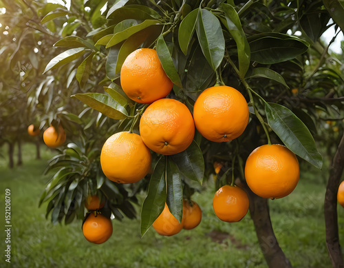 Bunch of fresh ripe oranges hanging on a tree in orange garden, fresh oranges on tree 
