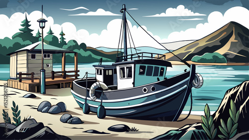 Hand drawn black and white illustration of a fishing boat docked at the shore with ropes tied to it Very beautiful