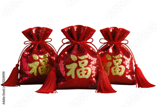 Red Sequin Bags with Gold Symbols, Transparent Background, Festive Design Element