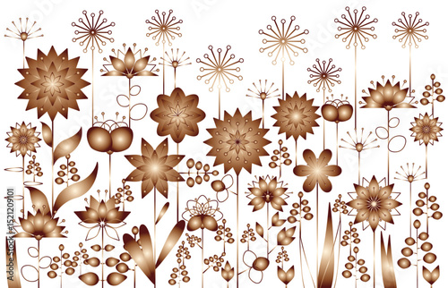 Vector illustration of summer meadow. Background decorated with metallic copper blooming flowers. Spring, easter, summer theme with flat folk geometric style flowers isolated on white background.