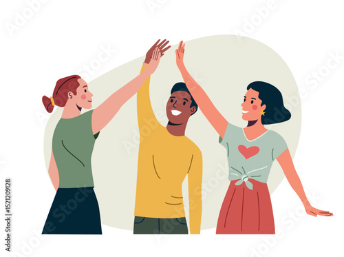 Friends giving high five. Meeting friends isolated. Vector cartoon flat style illustration