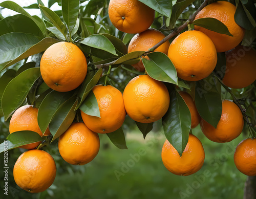 Bunch of fresh ripe oranges hanging on a tree in orange garden, fresh oranges on tree 