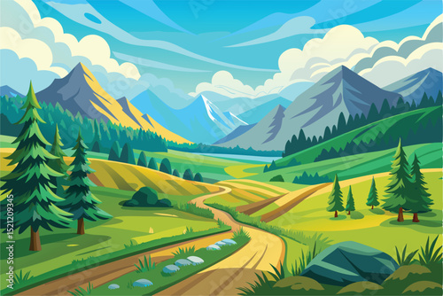 scenic mountain landscape illustration with lush greenery


