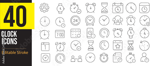 Time & Clock Line Icon Set – Fully Editable and Pixel-Perfect for Web & Mobile Use. Includes icons like 24/7, alarm, schedule, reminder, calendar, countdown, date, deadline, delivery, pixel perfect.