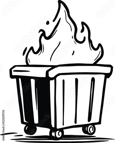 Dumpster Fire Symbol Set Featuring a Wheeled Trash Bin with Stylized Flames Emerging from the Top—Representing Chaos, Failure, and Disastrously Uncontrolled Situations