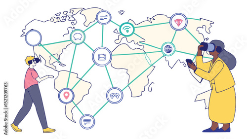 Woman and man using vr headset with world map and global connection icons showing communication network