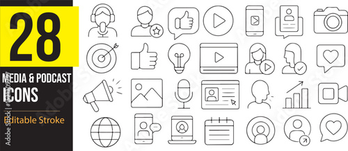 Media & Podcast icons, line style, microphone, radio, webcast, broadcast, audio, video, headphones, news, social media, content creation, editing, photography, graphic design, creative tools, vector