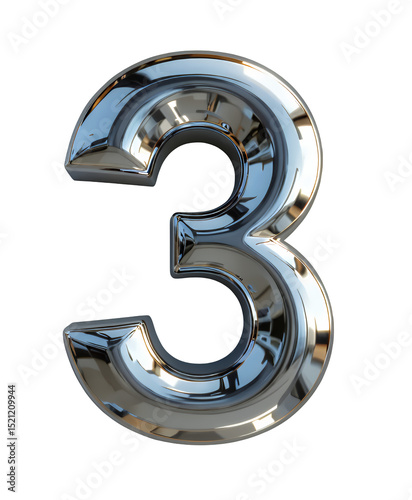 Sleek Chrome Number 3, Transparent Cutout, Futuristic Design Element