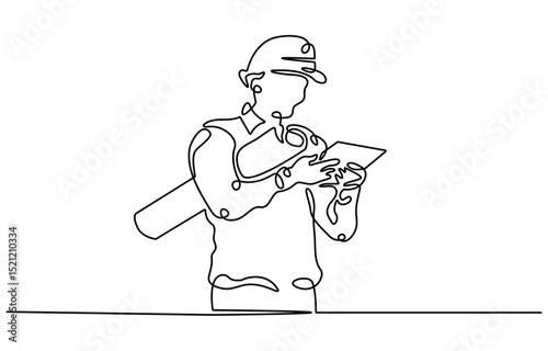 Continuous one line drawing IT engineer and server. Engineer services network equipment. Computer technician with tablet.