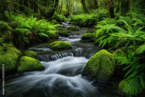 Tranquil stream flowing through lush greenery enchanted forest nature photography serene environment close-up view peaceful waterscape