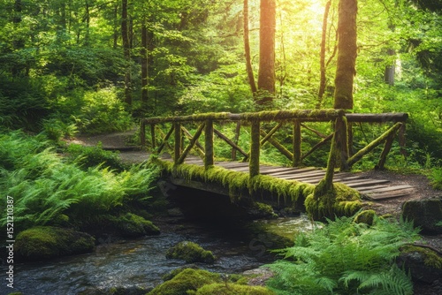 Enchanting moss-covered wooden bridge over stream lush forest high-resolution nature photography serenity detailed landscape view timeless beauty