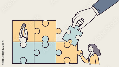 Illustration showing a hand placing a puzzle piece with two women assembling the puzzle together