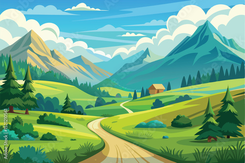 scenic mountain landscape illustration with lush greenery

