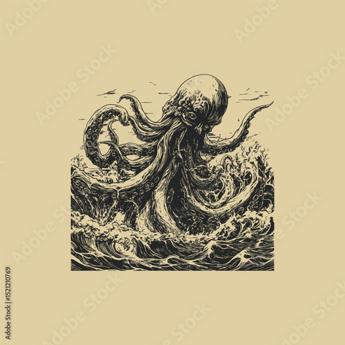 Kraken rages in the ocean engraving design vector template illustration