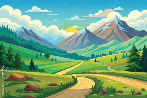 scenic mountain landscape illustration with lush greenery


