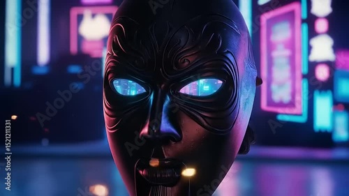 Futuristic mask with glowing eyes in neon cityscape at night, showcasing vibrant urban life