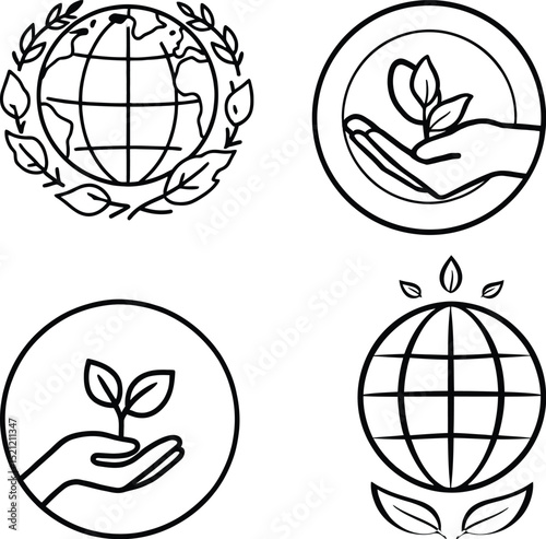 Environmental Conservation Symbol Set Featuring Four Unique Icons: A Globe Surrounded by Leaves, A Hand Holding a Small Growing Plant, A Similar Hand-and-Plant Icon in an Alternate Style, and A Globe 