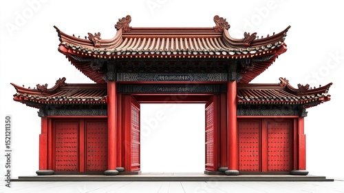 A majestic double-doored, red Chinese-style gate with intricate detailing, curved roofs, and black accents, isolated on a white background
