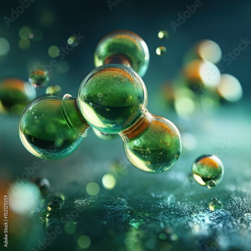 Scientific visualization of hydrogen molecule structure with vibrant green color palette and environmental design elements highlighting sustainable energy innovation through digital art