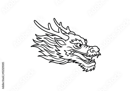 Chinese dragon head drawing. It is a bold black and white outline image of a traditional Chinese dragon's head, ideal for coloring. Vector sketch line art draw.