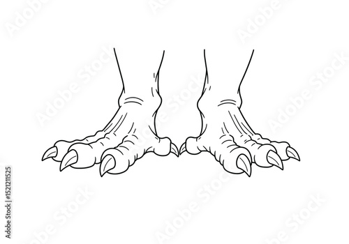 Dragon feet drawing. It is a detailed black and white outline image featuring a pair of mythical creature's feet or claws, with sharp talons. Vector sketch line art draw.