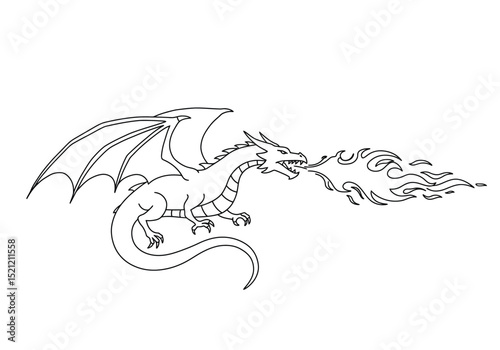 Dragon fire drawing. It is a bold black and white outline image of a dragon breathing fire, ideal for coloring. Vector sketch line art draw.
