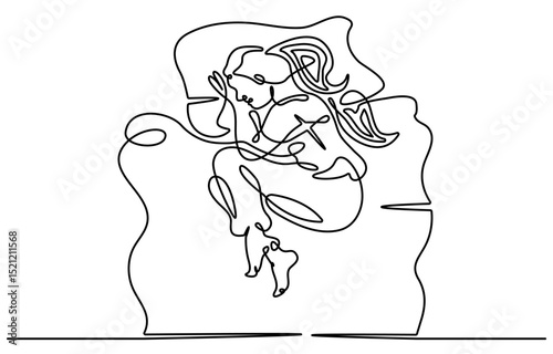 One continuous line. Man sleeps under a blanket. The boy fell sleep on the pillow. Male character is napping in bed. Continuous line drawing. Line Art isolated white background