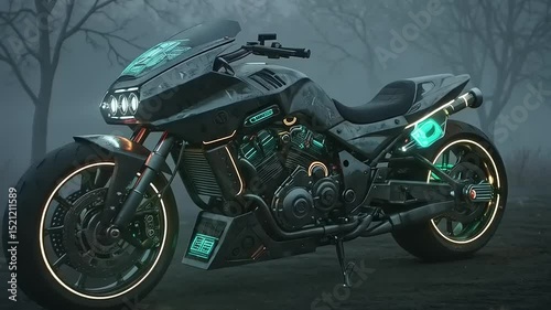 Futuristic motorcycle parked in a misty forest at dusk, showcasing neon accents and technology
