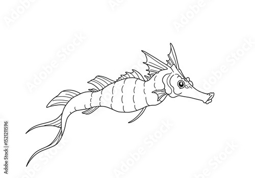 Dragon fish drawing. It is a striking black and white outline image of a common seadragon, a marine fish with leaf-like appendages, perfect for coloring. Vector sketch line art draw.