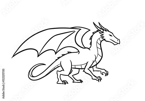 Dragon hard drawing. It is a bold black and white outline image of a powerful, classic dragon, perfect for coloring. Vector sketch line art draw.