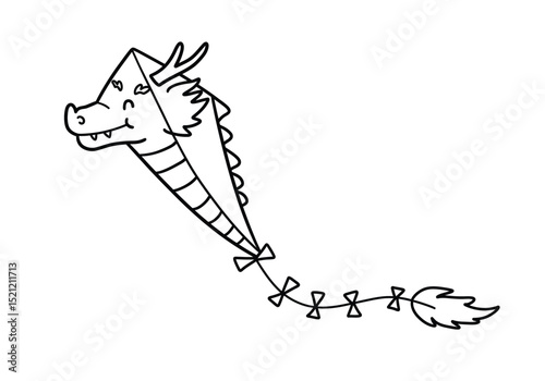 Dragon kite drawing. It is a whimsical black and white outline image of a cute dragon-shaped kite, perfect for coloring. Vector sketch line art draw.
