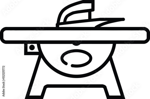Table Saw Illustration Symbol Set Featuring a Stationary Cutting Tool with a Circular Blade Protruding from a Flat Surface—Representing Woodworking, Construction, and Precision Cutting