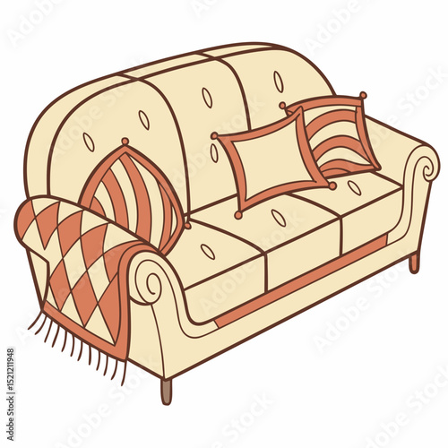 Cozy illustrated sofa with decorative pillows and blanket  