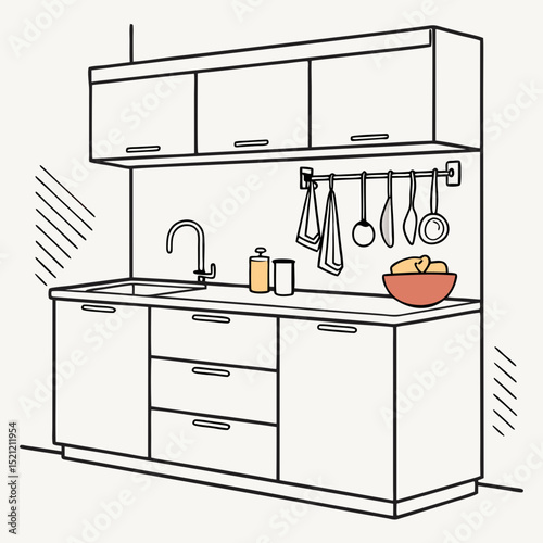 Minimalist kitchen interior with modern cabinetry and utensils  