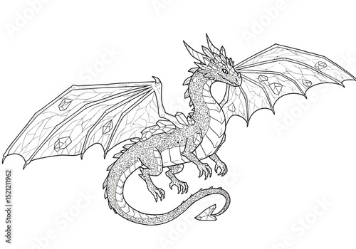 Crystal dragon drawing. It is an intricate black and white outline image of a majestic crystal dragon, ready for coloring. Vector sketch line art draw.