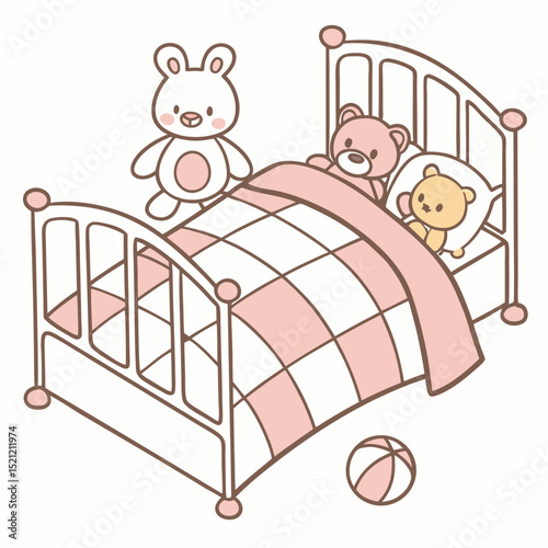 Cute cartoon teddy bears on a bed with a ball in a child's room  