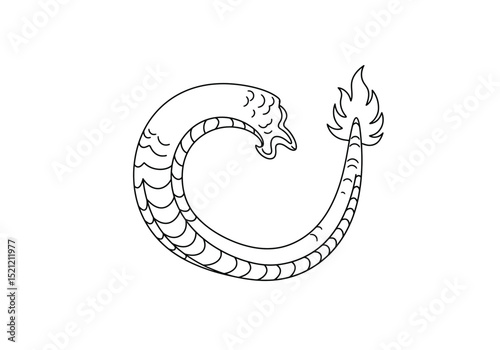 Dragon tail drawing. It is a whimsical black and white outline image of a mythical serpent's tail with a fiery tip, perfect for coloring. Vector sketch line art draw.