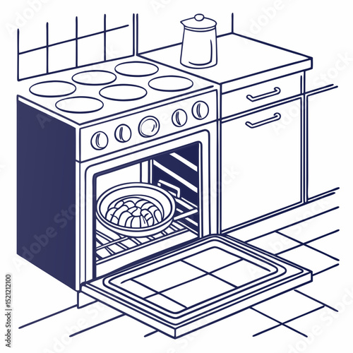 Kitchen stove with oven opened and baking dish inside