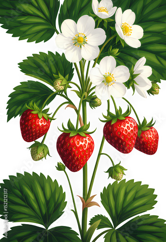White Strawberry Flower with Red Berries, Transparent Cutout, Botanical Design